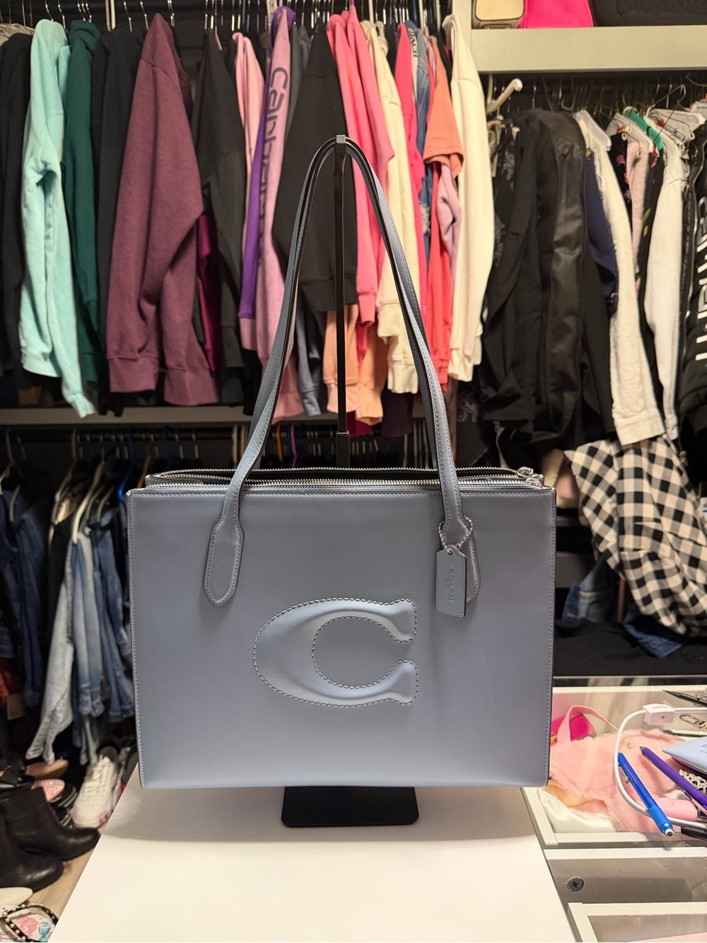 Coach Leather Tote in Dusty Blue